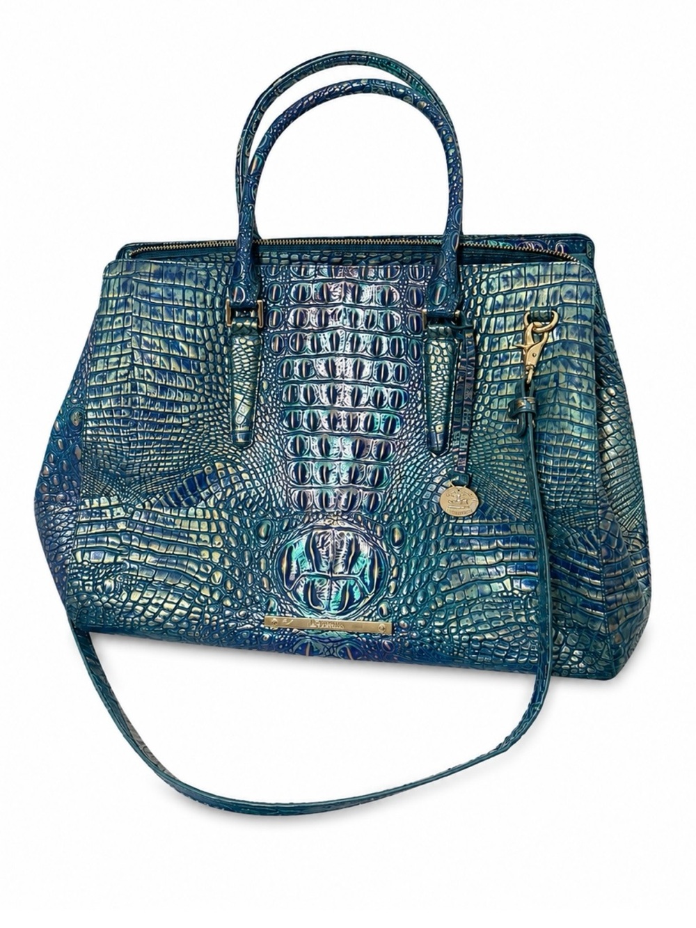 Brahmin Iridescent Teal Blue Croc-Embossed Satchel